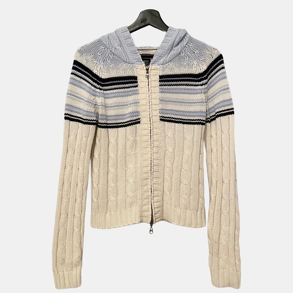 Vintage Arizona Jean Co Cable Knit Hoodie Striped Zip Cardigan Y2K Cream Blue M